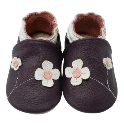 Produktbild von YALION® Baby Krabbelschuhe aus Echtleder, weiche Lauflernschuhe für Mädchen&Jungen, rutschfeste Ledersohle, Violett, Blumenmotiv, Größe XXL(2–3 Jahre)