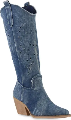 Produktbild von VAN HILL Damen Cowboystiefel Stiefel Spitze Denim Stickereien Schuhe 841571, Farbe: Dunkelblau Denim, Größe: 39