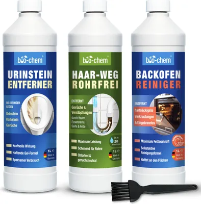 Produktbild von bio-chem Haushalt Spezialreiniger Set 3-teilig - 1x Haar-Weg Abflussfrei 1L, 1x Urinsteinentferner 1L, 1x Backofenreiniger 1L - Effektiver Abflussreiniger, Toilettenreiniger & Fettlöser - DE
