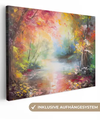 Produktbild von MuchoWow® - Leinwandbilder - Landschaft - Ölgemälde - Farbenfroh - Natur, Wandbild, Wanddeko Bilder Wohnzimmer, 120x90 cm