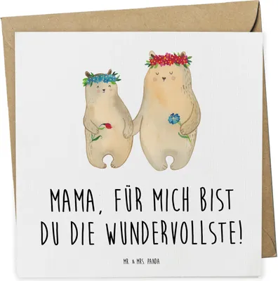 Produktbild von Mr. & Mrs. Panda Klappkarte Bären mit Blumenkranz - Weiß - Geschenk, Mutter, Familie, Vorbild, Grußkarte, faltkarte, Glückwunschkarte, Muttertag, doppelkarte, anlasskarte