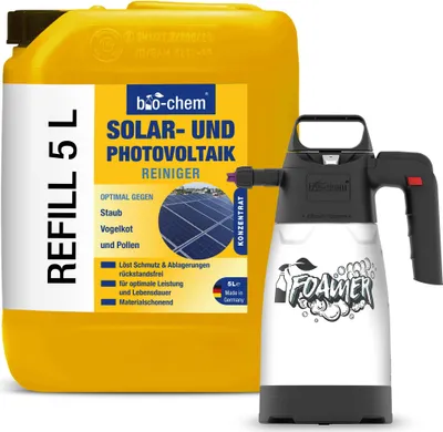 Produktbild von bio-chem Solar- und PV Photovoltaik-Reiniger – 5 Liter Konzentrat inkl. Schaumsprüher - bis zu 1:20 verdünnbar - Tiefenwirksam und materialschonend -  DE