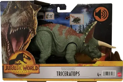 A toy Triceratops dinosaur in its retail packaging.