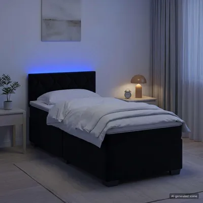 Immagine prodotto di Letto matrimoniale con boxspring, materasso e illuminazione LED, colore nero, dimensioni 100 x 200 cm, rivestito in velluto