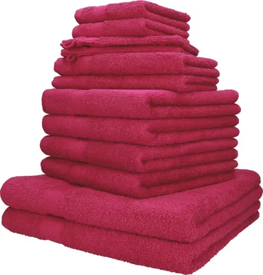 Produktbild von Betzshop Handtuch-Set, 100% Baumwolle, cranberry, PALERMO, 12-teilig: 2x Waschhandschuh 16x21 cm, 2x Seiftuch 30x30 cm, 2x Gästetuch 30x50 cm, 4x Handtuch 50x100 cm, 2x Duschtuch 70x140 cm, 360 g/m², waschbar 60°C, trocknergeeignet, doppelte Bordüre, Handtuchaufhänger, flauschig weich und saugstark