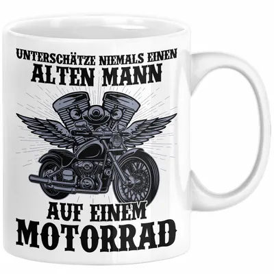 Produktbild von Motorradfahrer Geschenk Tasse Kaffee-Becher Motorrad Spruch Unterschätze Niemals Einen Alten Mann Auf Einem Motorrad Spruch Männer (Weiß)