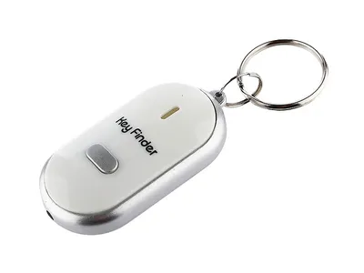 A white and silver key finder on a white background.