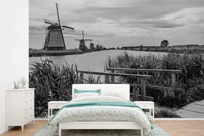 Produktbild von MuchoWow® Fototapete für Wohnzimmer oder Schlafzimmer Wandtapete Vinyl Motivtapete Mühle - Niederlande - Schwarz - Weiß - 330x220 cm - Fototapeten