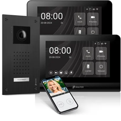 Produktbild von Entri L Video Türsprechanlage, Video Türklingel, 1 Familienhaus 2x 7-Zoll HD Monitor, 2-Draht, Unterputz, Smartphone App, Full HD Kamera, schwarz