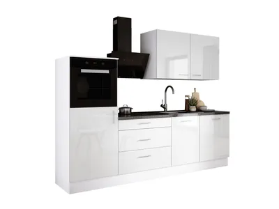 Produktbild von Küchenset: drei Schubladen, fünf Türen, acht Regale, Farbe: Weiß / Weiß glänzend, Möbelmaße: B: 250 cm, H: 220 cm, T: 60 cm