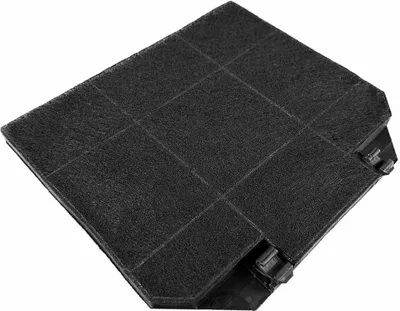 A close-up, angled view of a black carbon filter for a range hood.