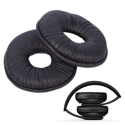 Two black headphone ear pads are shown in the foreground, with a folded pair of headphones in the background.
