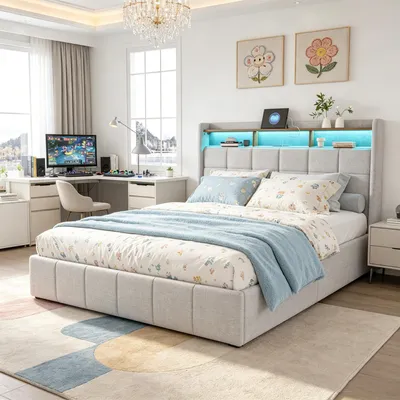 Produktbild von INONEFT Polsterbett 140x190cm mit 4 Schubladen, Doppelbett mit LED und USB,LED Bett, Jugendbett mit Stauraum,Kopfteil mit Stauraum, Bettwäsche,Beige