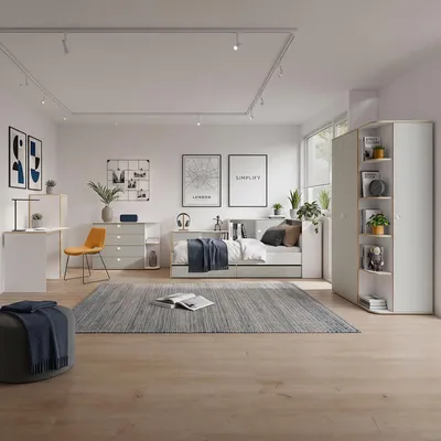 Produktbild von Jugendzimmer-Komplettset in Grau mit Weiß mit Bett, Kleiderschrank, Schreibtisch und Kommode, 4-teilig - POZZALLO-166