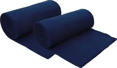 Two rolled-up navy blue fleece blankets are shown on a white background.