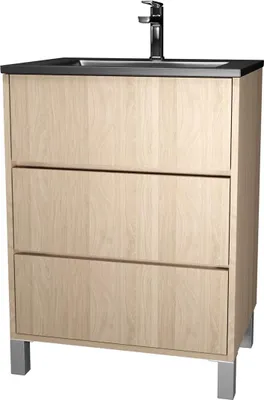 Image de Meuble de salle de bains 60 cm 3 Tiroirs Chêne Clair + Vasque Céramique Noire - XENOS
