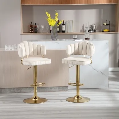 Productafbeelding van AIORBER Barkrukken (set van 2), fluweel, gouden poten, zacht en comfortabel, in hoogte verstelbaar, met voetsteun, geschikt voor keuken en eetkamer, afmetingen 48x45,5x114 cm, ivoorwit