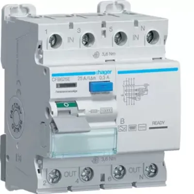 Produktbild von Hager FI-Schalter 3P+N 10kA 25A 300mA Typ B CFB625E