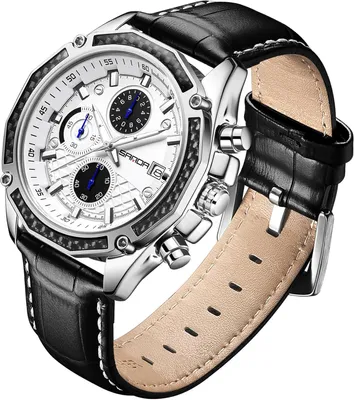 Image de Montre pour homme analogique à quartz avec chronographe étanche, calendrier et bracelet en cuir, montre-bracelet classique, élégante, sportive, décontractée et professionnelle.