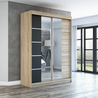 Produktbild von Schwebetürenschrank, 2-türig Schrank ERA 160 cm (mit Spiegel) (Sonoma / schwarz / sonoma)