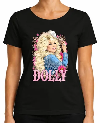 Immagine prodotto di Maglietta da donna, colore nero, taglia M, con la scritta "Dolly Parton", icona della musica country, tema cowgirl, stile western e retrò