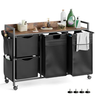 Produktbild von Mondeer Wäscherwagen mit 4 Trennbeuteln & 4 Rollen - 100L Gesamtvolumen, Tragbar & Stabil, Wäschekorb mit Rädern für Kleidung