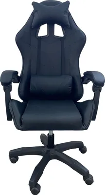 A black gaming chair is shown from the front on a white background.