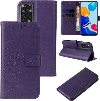 Produktbild von Handyhülle für Xiaomi Redmi Note 11 Floral Blumen Schmetterling Flip Cover Hülle Case Klapphülle Handytasche Farbe: Violett