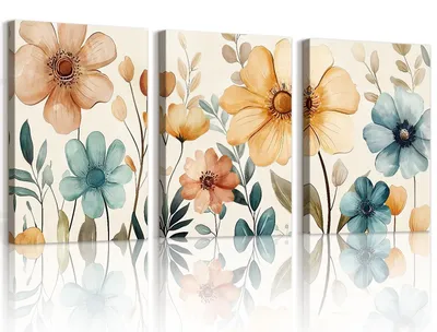 Immagine prodotto di Set di 3 tele decorative, con motivi floreali colorati, dimensioni 30x40 cm, ideali per la decorazione della parete del soggiorno