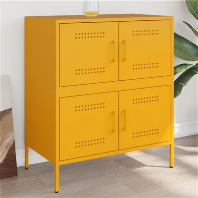 A yellow metal cabinet with four doors and perforated panels sits on a wooden floor.