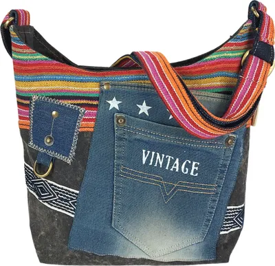 Produktbild von Sunsa Umhängetasche aus recycelter Jeans & Canvas. Nachhaltige Crossbody Hobo Tasche