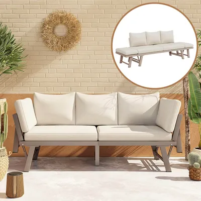 Produktbild von Flieks Gartensofa 3-Sitzer-Sofa mit Klappbaren Armlehnen, Gartenmöbel-Set mit Kissen, Doppelsofa Outdoorsofa mit Liegefunktion, Beige