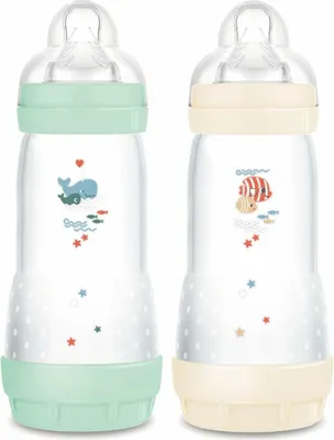 Produktbild von MAM - Easy Start Anti-Colic Babyflasche, 4+ Monate, schneller Durchfluss (2 x 320 ml) Minze + Baumwolle – Flasche zur Reduzierung von Koliken und Beschwerden des Babys – Babyflasche zum Stillen