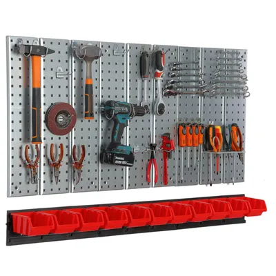 Produktbild von Werkzeugwand 117x72 cm Metall Lagersystem mit Werkzeughaltern Werkzeughaken und 11 Stapelboxen rot Garage Steckbrett Elektrowerkzeuge Lochwand