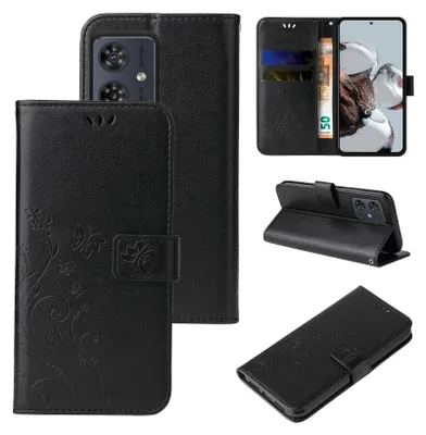 Collage of a black floral flip phone case for a Motorola Moto G54.