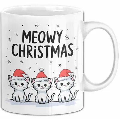 Zdjęcie produktu dla Kubek z motywem świątecznym i kotem – zabawny pomysł na prezent z napisem „Meowy Christmas” (biały)