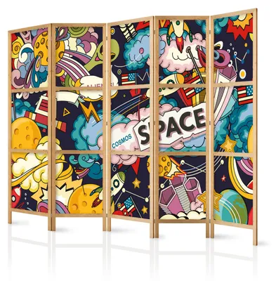 Immagine prodotto di Pannello divisorio giapponese, 5 ante, pieghevole, realizzato in tessuto non tessuto di alta qualità, con decorazioni colorate in stile fumetto, ideale per camere da letto dei ragazzi, dimensioni 225 cm x 172 cm