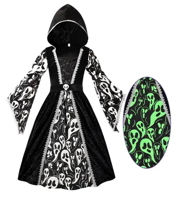 Produktbild von Hexenkostüm Mädchen schwarz, Hexendruckkleid Halloween Rollenspiel, Größe L