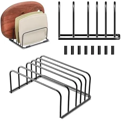 Produktbild von Schneidebrett Halter, 2 Stück Schneidebrett Halterung, Schwarz Brettchenhalter mit 5 Schlitzec, Schneidebrett St?nder, Schneidebrettst?nder, Topfpfannendeckel Halter für Teller und Backgeschirrhalter