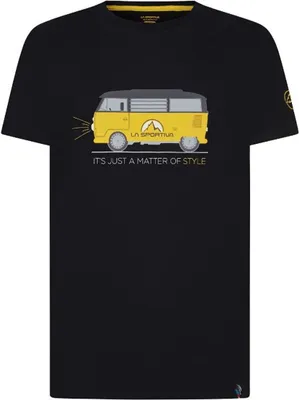 Schwarzes T-Shirt von La Sportiva mit gelbem VW-Bus-Design und dem Text "IT"S JUST A MATTER OF STYLE".