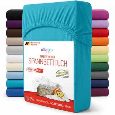 Produktbild von EllaTex Jersey Topper Spannbettlaken 180x200–200x200 Baumwolle – weich, elastisch & atmungsaktiv, Spannbetttuch für Topper, in Farbe: Türkis