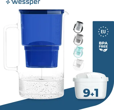 Image de Wessper Carafe filtrante en verre 3 L Compatible avec les cartouches filtrantes Brita, 10 cartouches filtrantes incluses, Bleu
