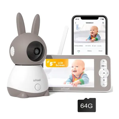 Image de Babyphone BOIFUN avec caméra 5 pouces, surveillance de la température, berceuse et interphone bidirectionnel