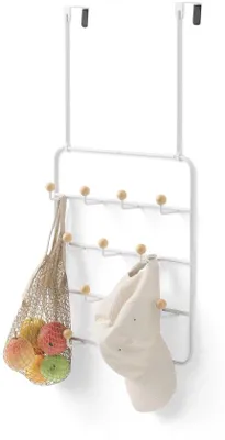 Obrázek produktu pro Uniqoos® Multifunkční bílá kovová věšák na dveře s dřevěnými prvky, rozměry 60,3 x 36,2 x 10,8 cm – věšák s háčky na bundy, ručníky a další doplňky