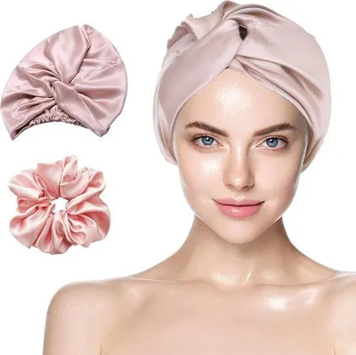 Image de Bonnet de nuit en soie - Bonnet pour cheveux longs - Tissu en soie véritable - Bande élastique - 100 % soie