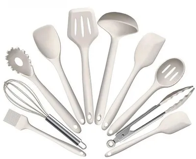 Image de Set de cuisine 10 pièces avec rangement - Résistant à la chaleur / Sans BPA / Silicone - Ustensiles de cuisine - Blanc