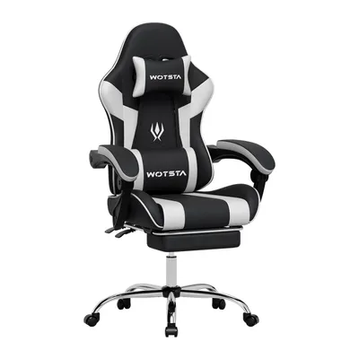Produktbild von Gaming Stuhl mit Fußstütze, 135° verstellbarer Rückenlehne, Kopfstütze und Lendenkissen, höhenverstellbarer Bürostuhl,, Schwarz-Weiß