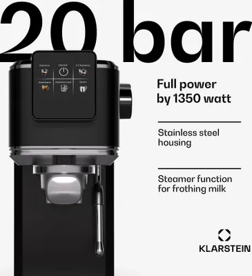 Zdjęcie produktu dla Ekspres do kawy Klarstein SteelPresso Touch Slim z portafiltrem - 20 bar, 1 350 W, zbiornik na wodę 1,2 l, dysza pary, pizdro ze stali nierdzewnej, kompaktowy, czarny