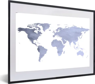 Produktbild von MuchoWow® MuchoWow® Gerahmtes Poster Weltkarte - Blau - Grau 60x40 cm - Poster mit zchwarzem Bilderrahmen - Schlafzimmer - Plakat in Rahmen - Drucken