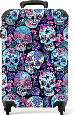 Produktbild von NoBoringSuitcases.com® Koffer Handgepäck Trolley Rollkoffer Kleine Reisekoffer mit 4 Rollen - Totenkopf - Rosen - Blumen - Blau - Rosa - Totenkopf - Totenkopf - Cabin Size < 55x40x23 cm & 55x40x20 cm - Fotokoffer - Kabinenkoffer - BoardgepäckHandgepäck Koffer 55x35x20 cm, 36L,